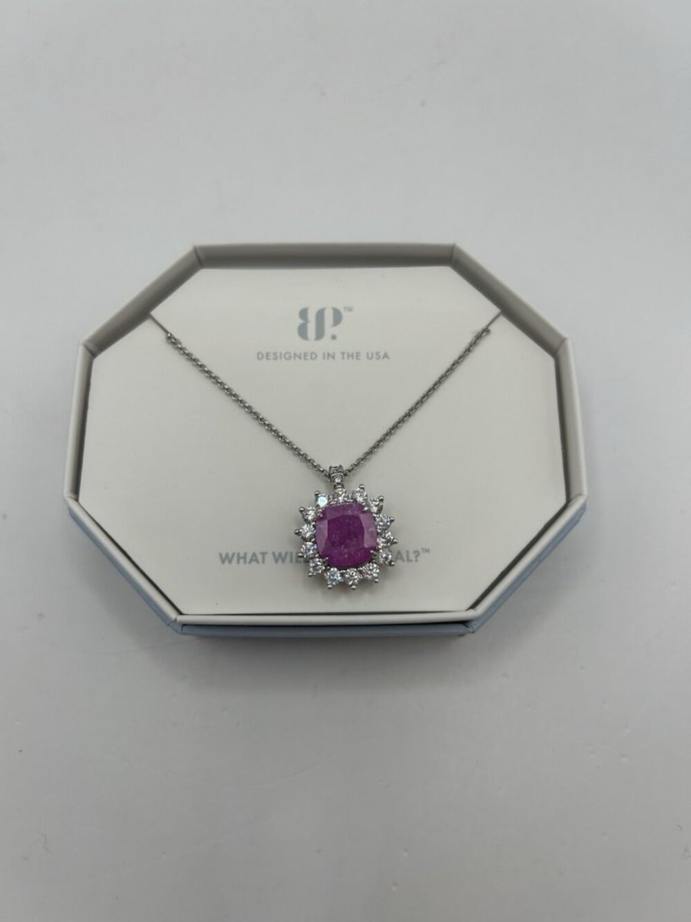 Bomb Party Necklace Pink Purple Cushion Cut Halo Silver Tone New Surprise Reveal